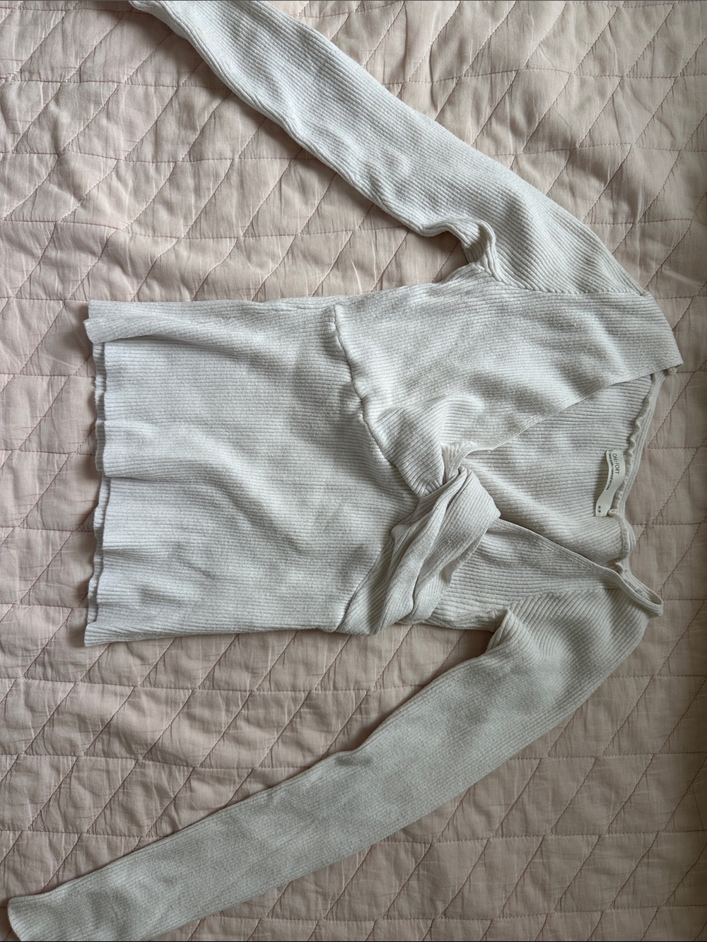OAK + FORT Ribbed Long Sleeve Twist Front Top in Off-White